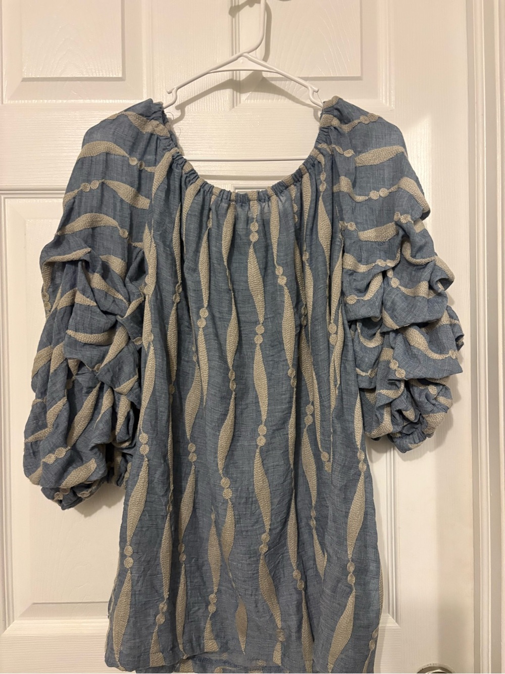 Kaktus Blue and Cream Wave-Pattern Puff Sleeve Dress/Tunic